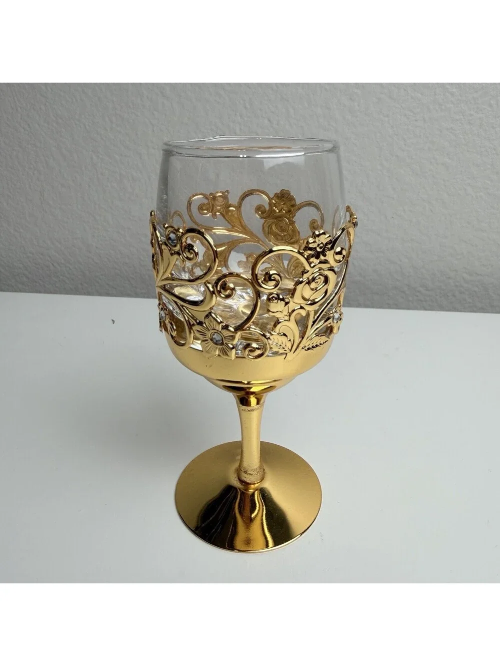 Gold Filigree Rhinestone Wine Goblet Floral Scrollwork Ornate Decorative Glass